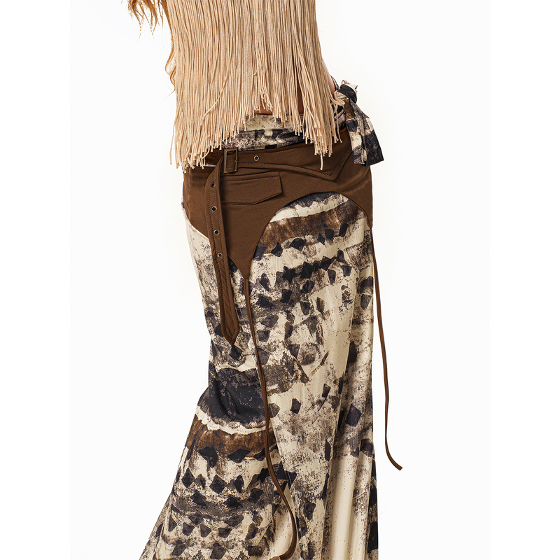 Caramel Leopard Western Wasteland Style Layered Workwear Asymmetrical Jazz Dance Ribbon Waistband for Women