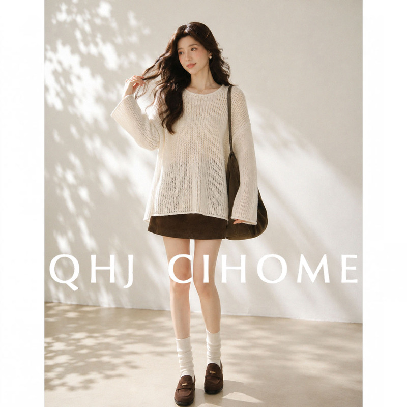 Korean-Style Hollow-Out White Pullover Sweater for Women, Autumn and Winter Wear, Loose and Lazy Style, Long-Sleeved Knit Top