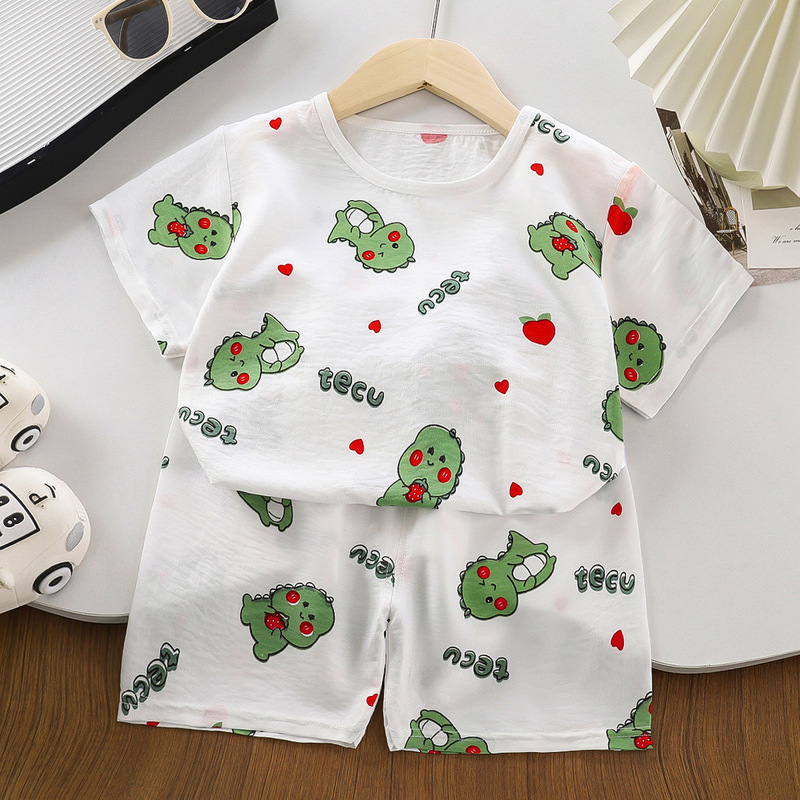 Good Luck Children's Clothing Cartoon Dinosaur Print Children's Suit Summer Thin Two-Piece Set for Boys and Girls Casual Home Wear