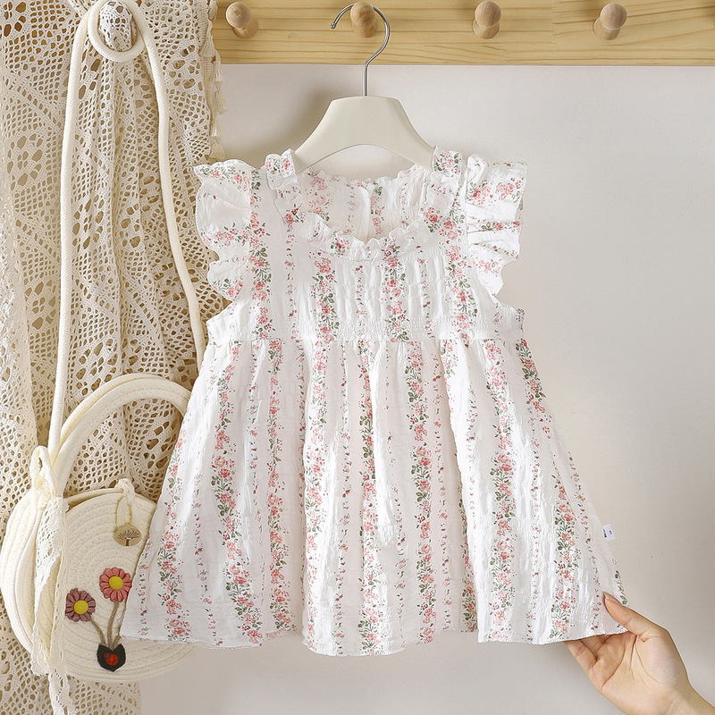Good Luck Children's Clothing Sweet Style Girls' Flutter Sleeve Floral Dress Summer White Lace Ruffle Midi Dress