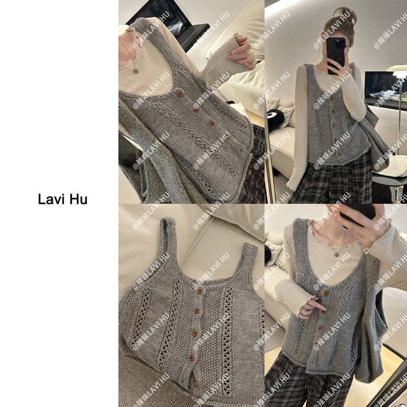Lavi Hu【Lazy Style Girl】Wool French-Style Hollow Knit Vest Layered Sleeveless Vest 26036