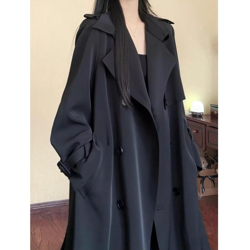 Korean Uamtor Black Trench Coat for Women 2026 Early Autumn New Style Loose Fit Slimming High-End Mid-Length Coat