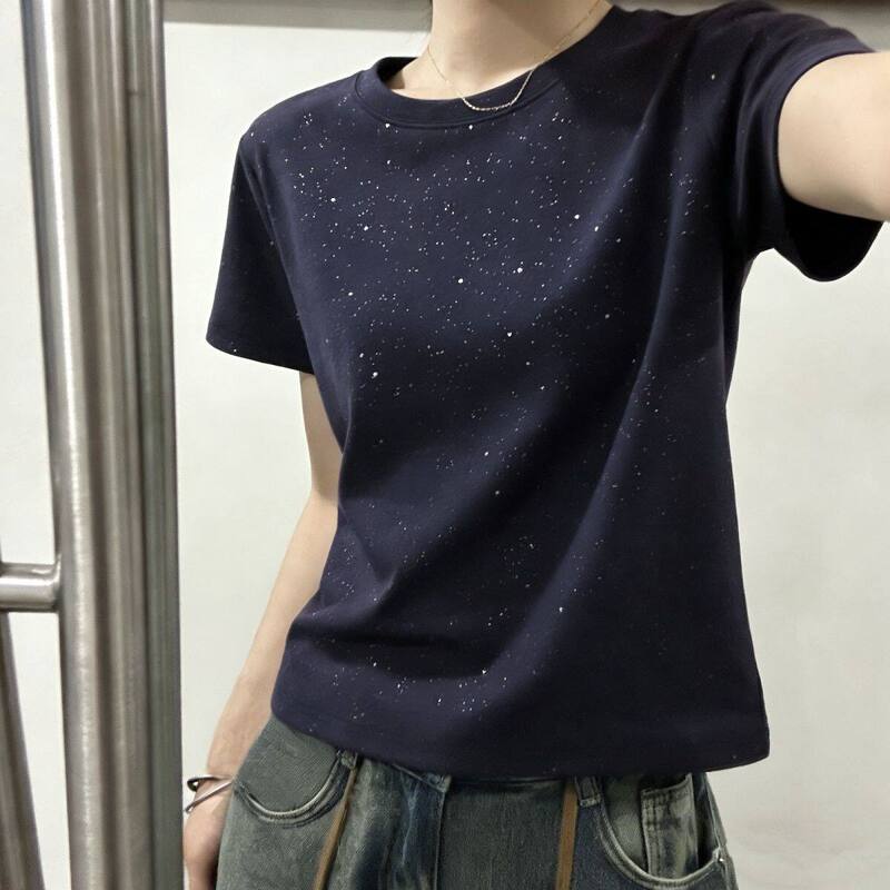 Dzoe Elastic Design Starry Short-Sleeved T-Shirt for Women 2026 Summer New Design Sequin Slimming Top