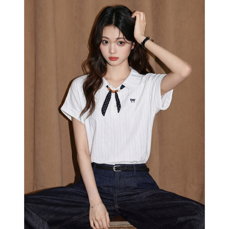 Dzoe Off-White Polo Short-Sleeved T-Shirt for Women 2026 Summer New Style Loose Lapel Top with Lace-Up Design
