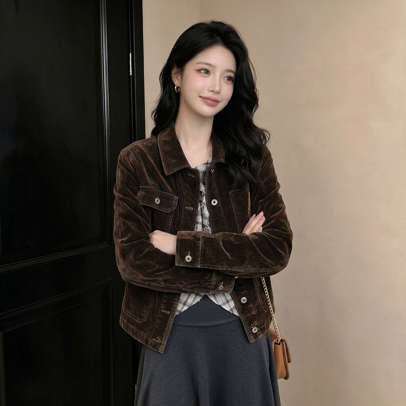 2026 Autumn New Coffee-Colored Corduroy Short Jacket for Petite Women, Slimming, Vintage, High-End Feel Jacket Top 2026 Autumn New Coffee-Colored Corduroy Short Jacket for Petite Women, Slimming, Vintage, High-End Feel Jacket Top