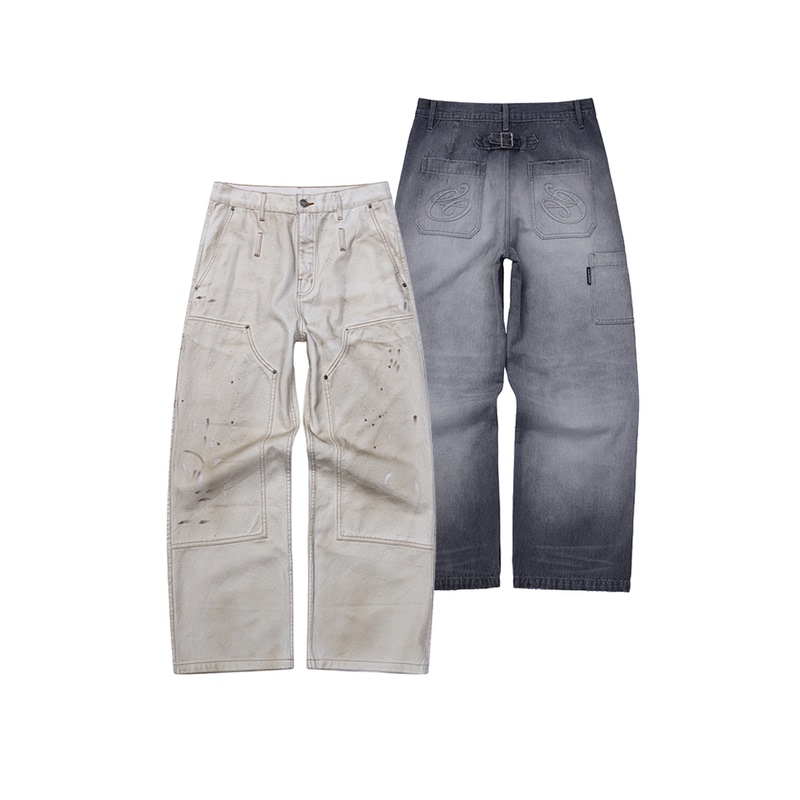 Expensive Taste Washed Dirty-Look Splatter Ink Paris Button Straight Loose Denim Double-Knee Painter Work Pants