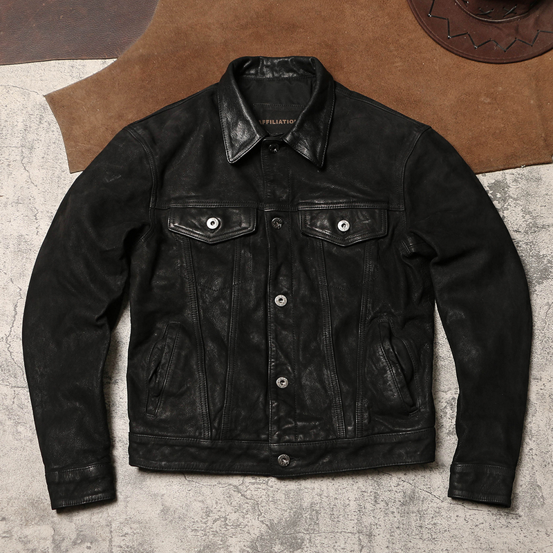 507 Oil-Velvet Goat Soft Leather Jacket for Men and Women, Slightly Loose Fit Leather Jacket, Vintage High-Waisted Denim Workwear Genuine Leather Jacket