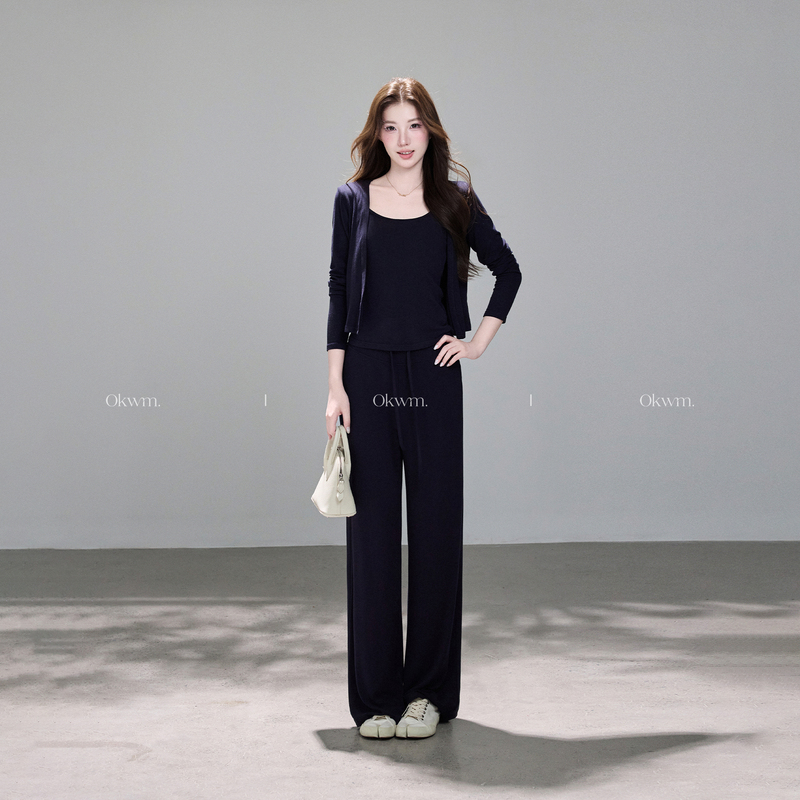 Okwm Takeaway Delivery Has Arrived: Relaxed Three-Piece Set, Lazy Style Black Knit Sweater, Women's Autumn Slimming Straight-Leg Pants Set