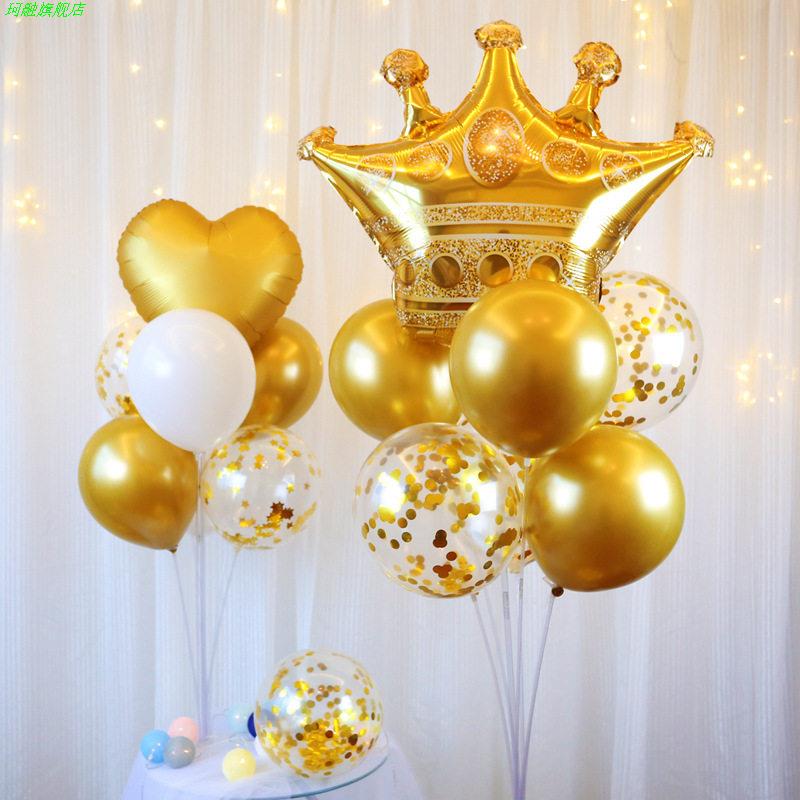 Crown Floor-Standing Table with Floating Balloons, Balloon Columns, Baby Full Moon, 100 Days, First Birthday Party Decoration Setup