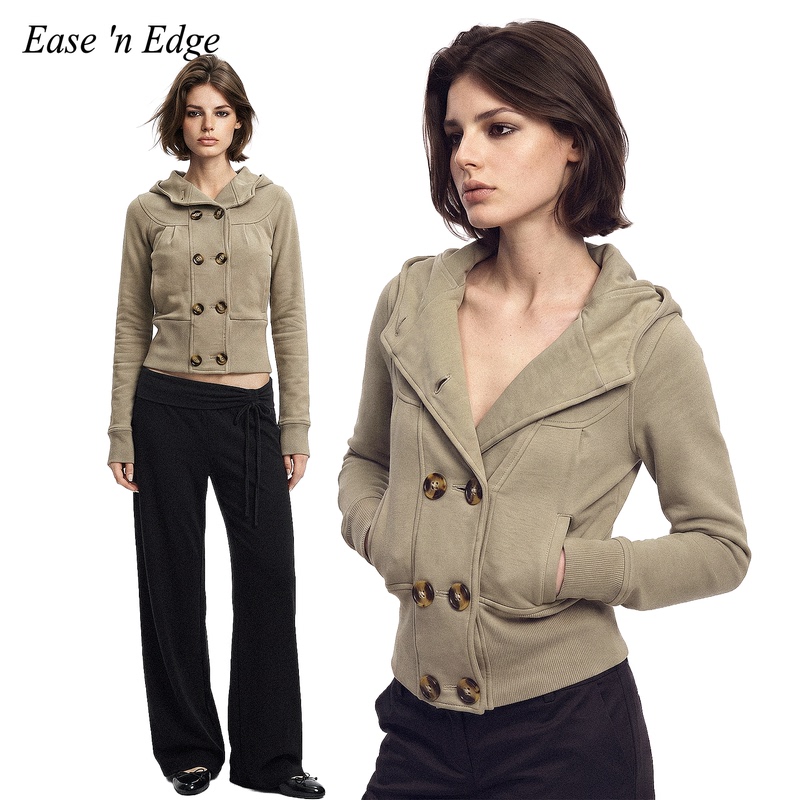 Ease'N Edge Hooded Double-Breasted Short Sweatshirt Jacket for Women, Knitted Jacket, Commuter Jacket for Petite Women