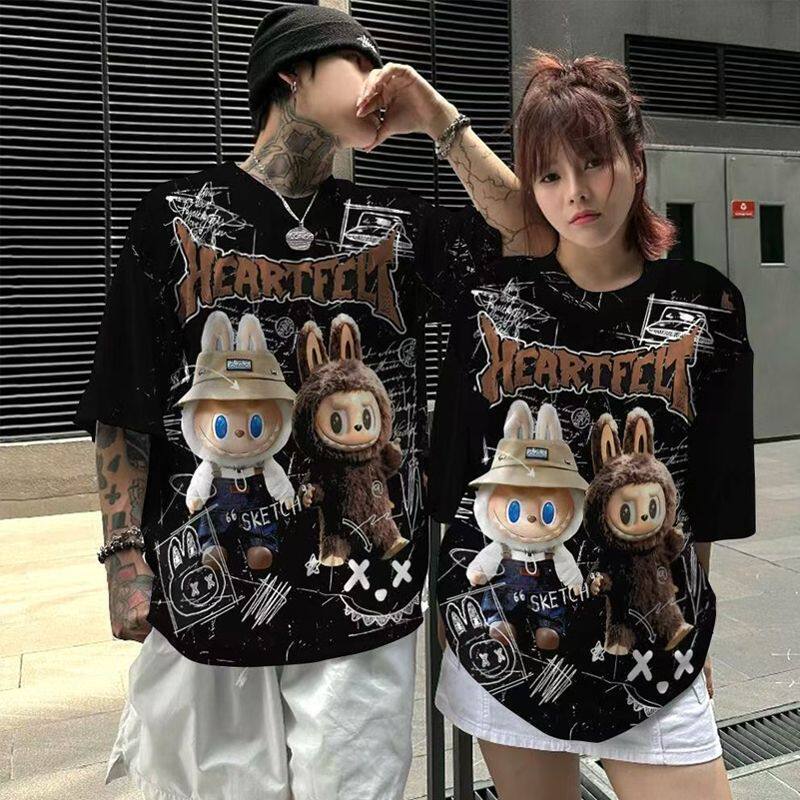 Labubu Adult Clothing Short-Sleeved T-Shirt Cartoon Couple Men and Women Casual Printed Loose Top