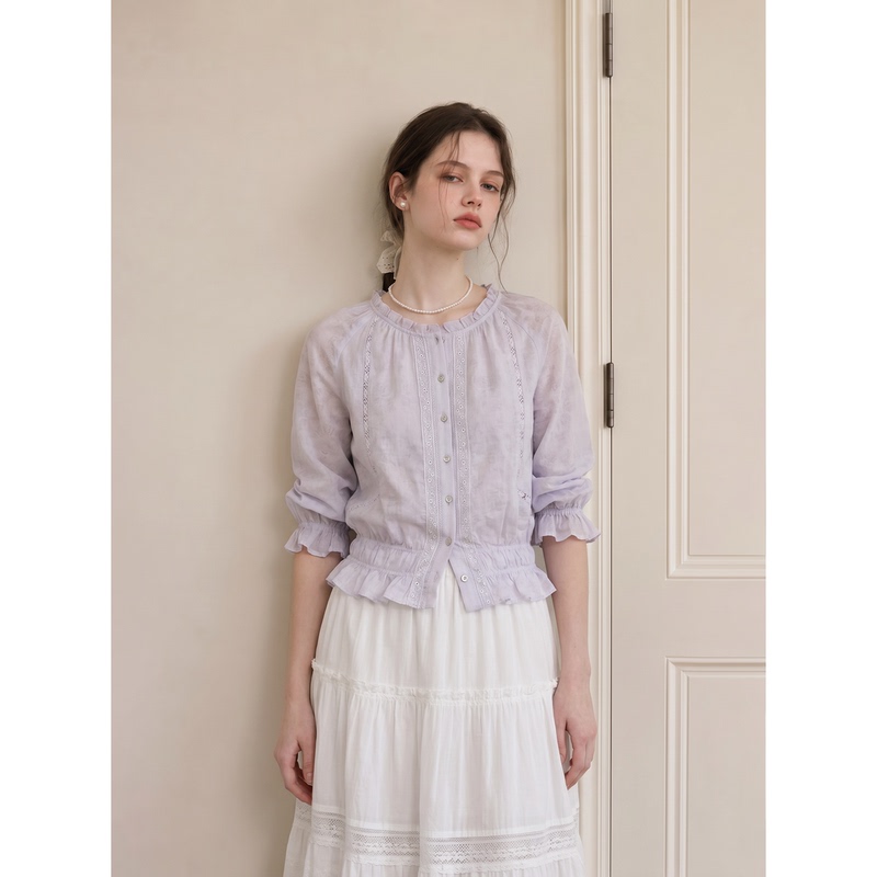 High-End Elegant Ruffled Collar Nine-Quarter Sleeve Shirt for Women, Purple Lace Trim Top, 2026 New Autumn Style High-End Elegant Ruffled Collar Nine-Quarter Sleeve Shirt for Women, Purple Lace Trim Top, 2026 New Autumn Style