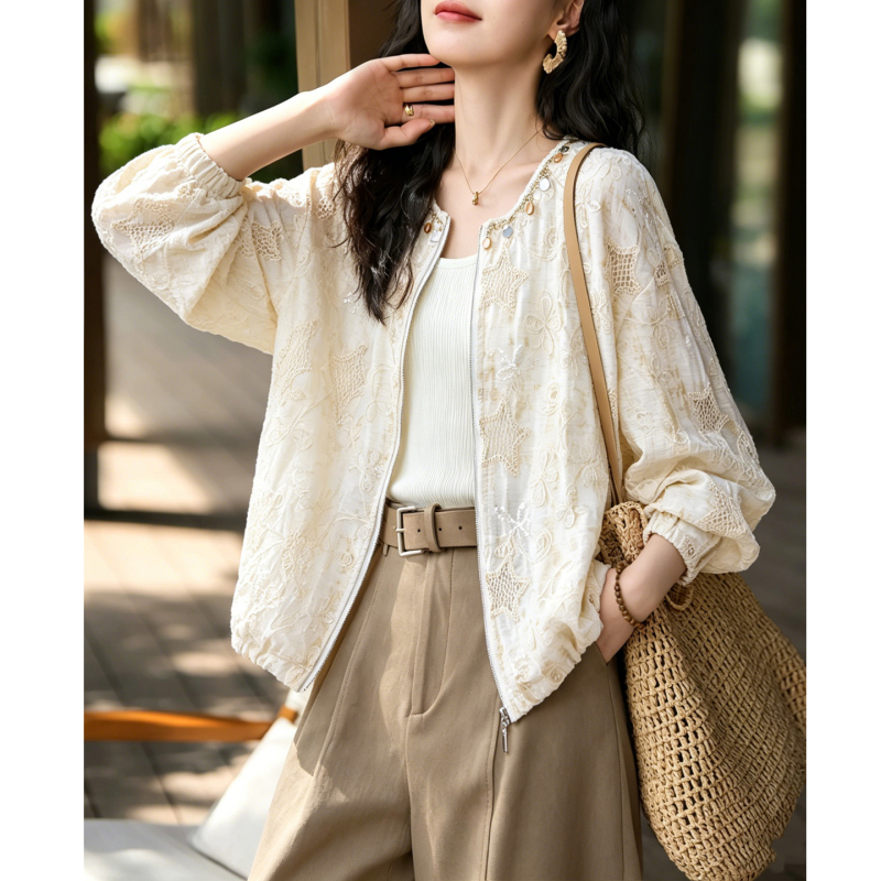 Novo Zhiyu Super Stylish Hollow-Out Short Jacket with Long Sleeves and Loose Fit, 2026 Autumn New Fashion, Trendy Sequin Outerwear This Year Novo Zhiyu Super Stylish Hollow-Out Short Jacket with Long Sleeves and Loose Fit, 2026 Autumn New Fashion, Trendy Sequin Outerwear This Year