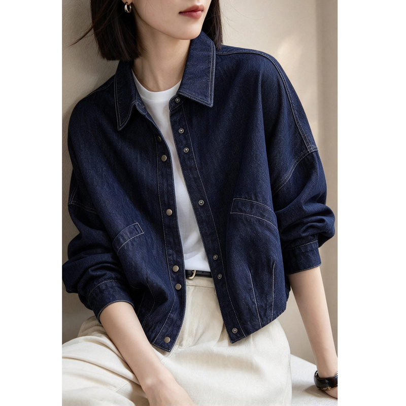 Novo Zhiyu Cotton Blend Denim Short Jacket with Lapel, Loose Fit, Long Sleeves, 2026 Autumn and Winter New Style, Relaxed Vintage Top