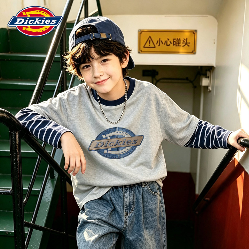 Dickie Boys' Pure Cotton Long-Sleeve Autumn Outfit 2026 New Style Children's Faux Two-Piece T-Shirt Cool Style for Older Kids Dickie Boys' Pure Cotton Long-Sleeve Autumn Outfit 2026 New Style Children's Faux Two-Piece T-Shirt Cool Style for Older Kids