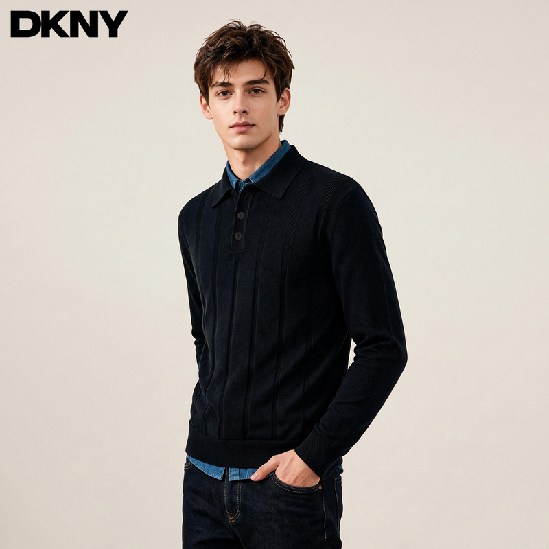 Dkny Tang Kenaier Men's Pullover Knitwear with Lapel Collar, 2026 Autumn Business Polo Shirt with Sweater Underneath