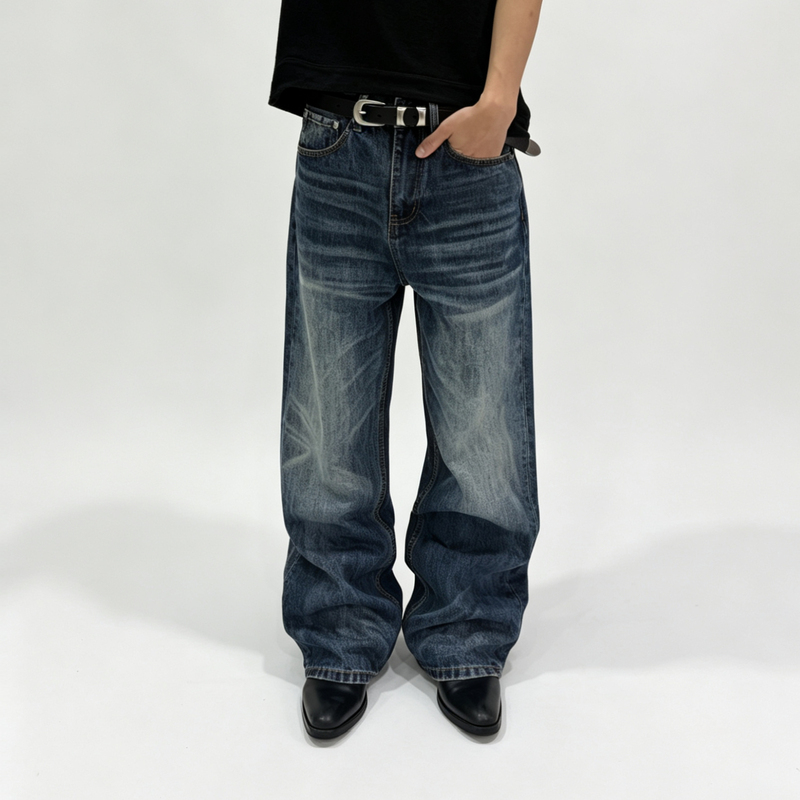 Tabbic Lake Blue 14oz Heavyweight Vintage Washed Three-Dimensional Honeycomb Washed Versatile Commuting Loose Straight-Leg Pants