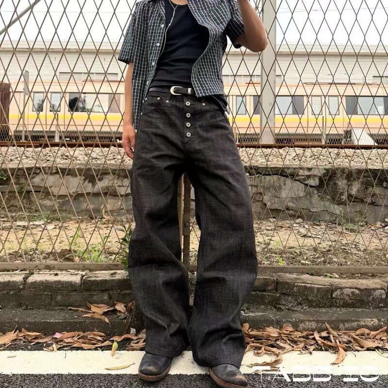 Tabbicstudio Liema Series Black Denim 14oz Bamboo Joint Fake Five-Button Heavy-Duty Raw Denim Straight-Leg Jeans