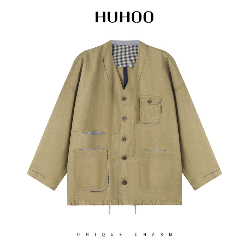 Huhoo Ramie Tencel Jacket for Women 2026 Summer New Vintage Style Workwear Jacket Design Short Top