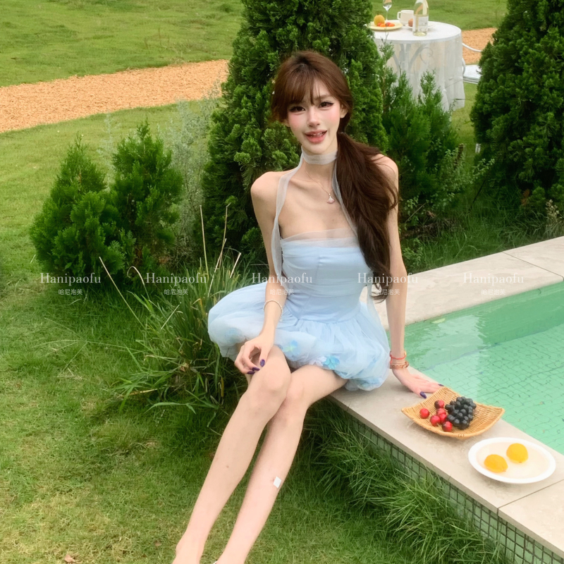 Hani Puff [Mist Blue Waltz] Light Blue Strapless Puff Skirt Women's Summer Whitening Pure Desire Short Dress