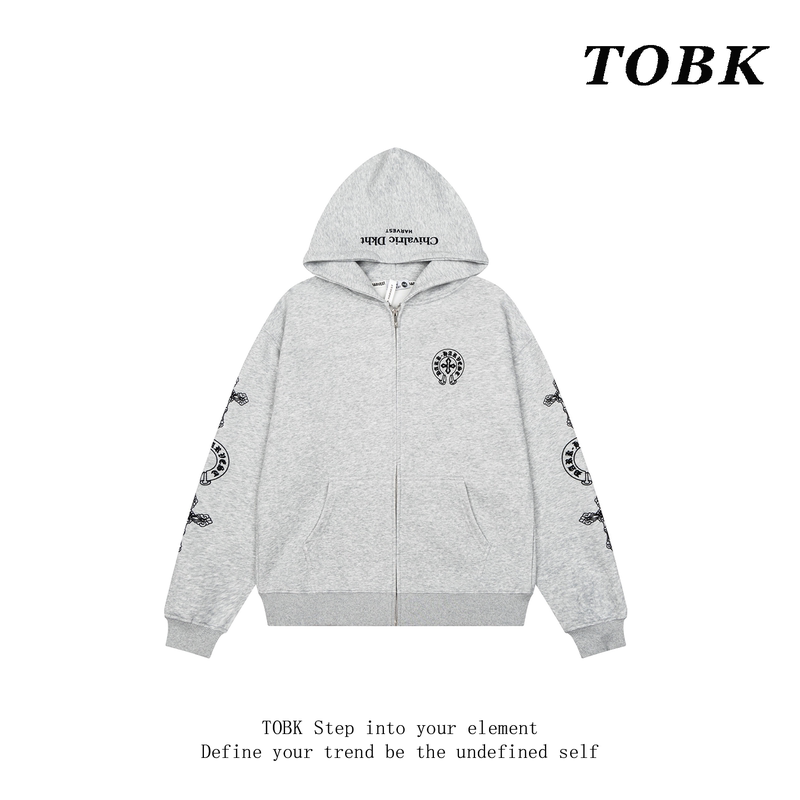 Tobk Cross Flocked Letter Hoodie Jacket for Men and Women, Couple Retro Loose Zipper Cardigan Jacket