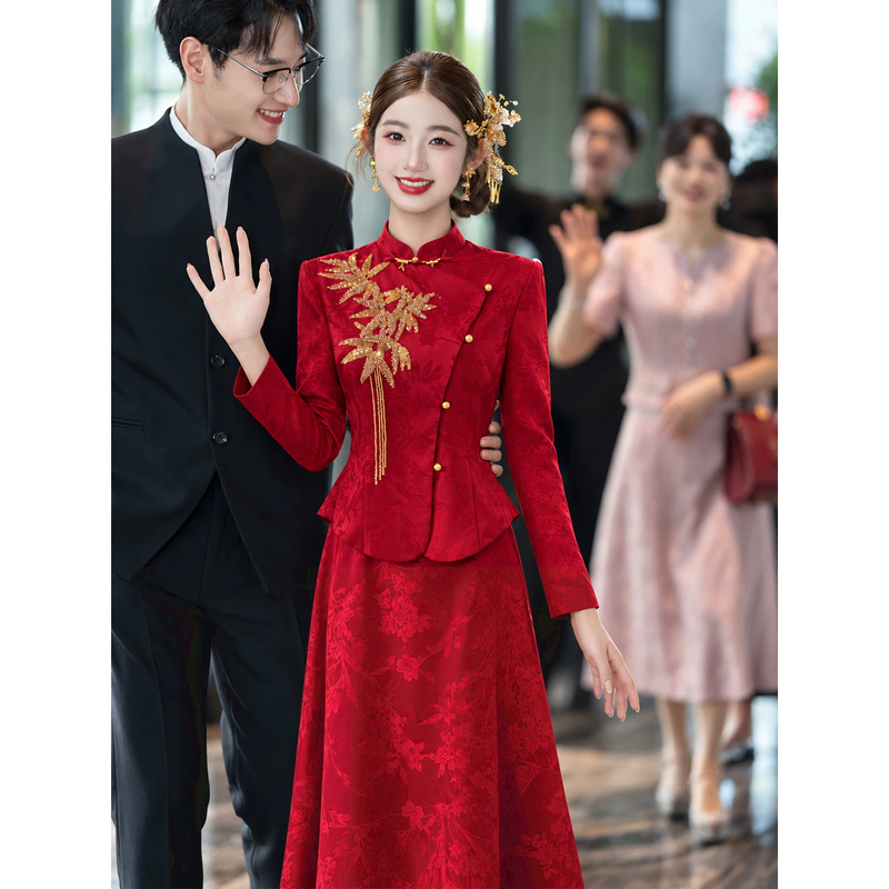 Red Wedding Dress for the Bride 2026 New Style New Chinese-Style Engagement Dress Qipao High-End Long-Sleeve Wedding Return Dress