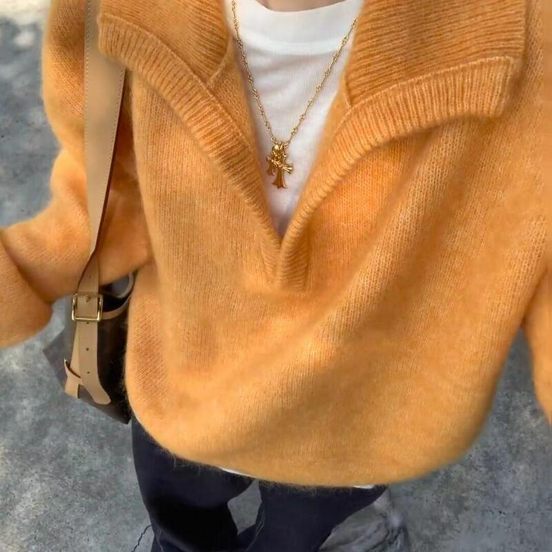 Orange V-Neck Pullover Sweater for Women 2026 New Winter Soft and Cozy Loose Fit Inner Wear with Turn-Down Collar Knit Top