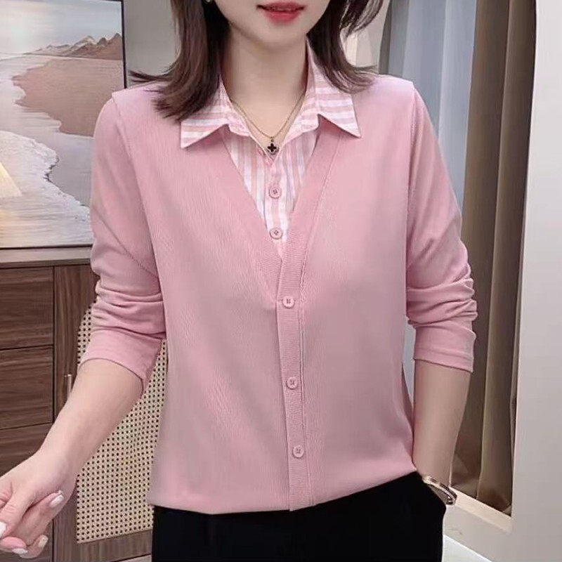 2026 Autumn/Winter New Style Turn-Down Collar Youthful Versatile Shirt Slimming Plaid Collar Simple Versatile Faux Two-Piece Long Sleeve Top 2026 Autumn/Winter New Style Turn-Down Collar Youthful Versatile Shirt Slimming Plaid Collar Simple Versatile Faux Two-Piece Long Sleeve Top