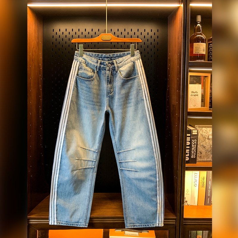 Three-Stripe Trendy Jeans American Style Side Stripe Patchwork Scimitar Pants Men's Loose Versatile Straight-Leg Long Pants Three-Stripe Trendy Jeans American Style Side Stripe Patchwork Scimitar Pants Men's Loose Versatile Straight-Leg Long Pants