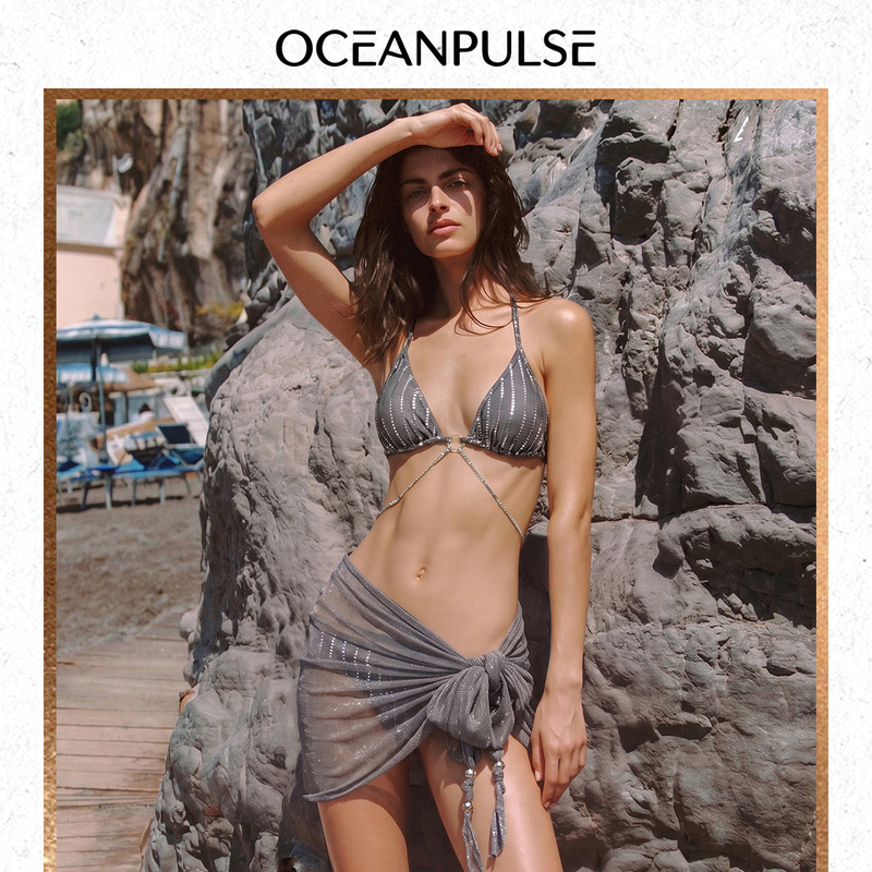 Op Two-Piece Swimsuit for Women, Bikini with Metal Chain, High-End Sexy Beach Vacation Style, Triangle Cup, Push-Up for Small and Large Busts