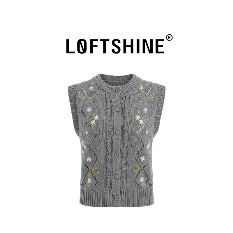 Loftshine Woven Style Embroidered Vest Cardigan Knitted Vest Outerwear Ls707B11025 Loftshine Woven Style Embroidered Vest Cardigan Knitted Vest Outerwear Ls707B11025