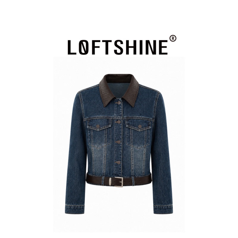 Loftshine Retro Leather Lapel Denim Jacket Women's Short Jacket Ls708Y05131 Loftshine Retro Leather Lapel Denim Jacket Women's Short Jacket Ls708Y05131