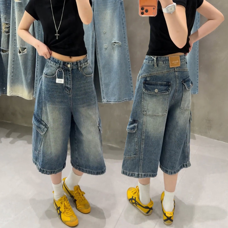 Dzoe American-Style Workwear Jeans for Women, Summer Thin Style 2026 New Model, Slimming for Plus-Size Women, Petite Cropped Wide-Leg Pants