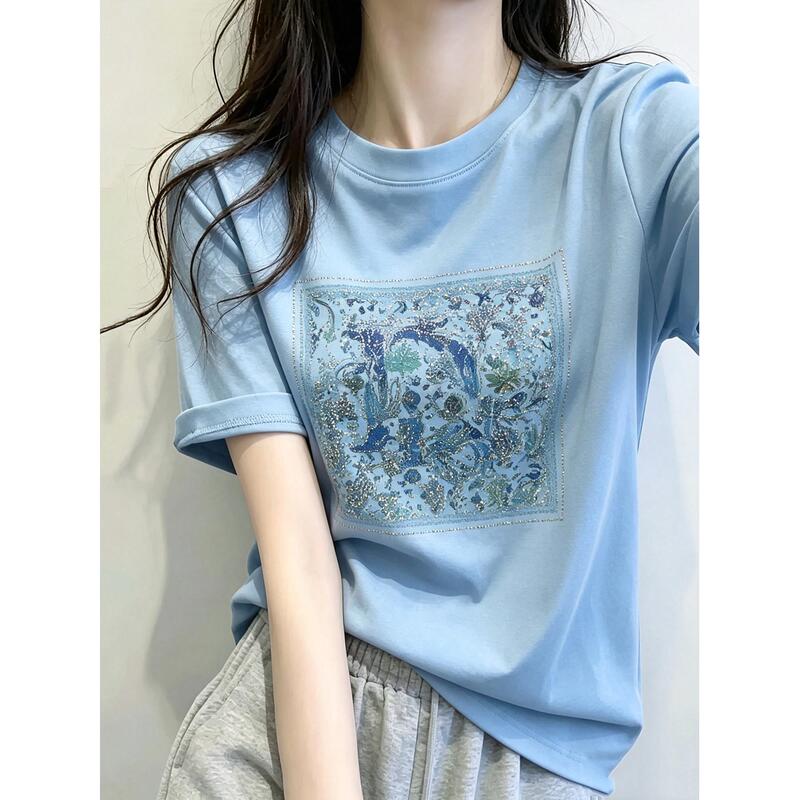 Dzoe Blue Straight-Shoulder Short-Sleeve T-Shirt for Women, Summer 2026 New Style, Age-Reducing Fashion, Trendy and Super Stylish Top Dzoe Blue Straight-Shoulder Short-Sleeve T-Shirt for Women, Summer 2026 New Style, Age-Reducing Fashion, Trendy and Super Stylish Top