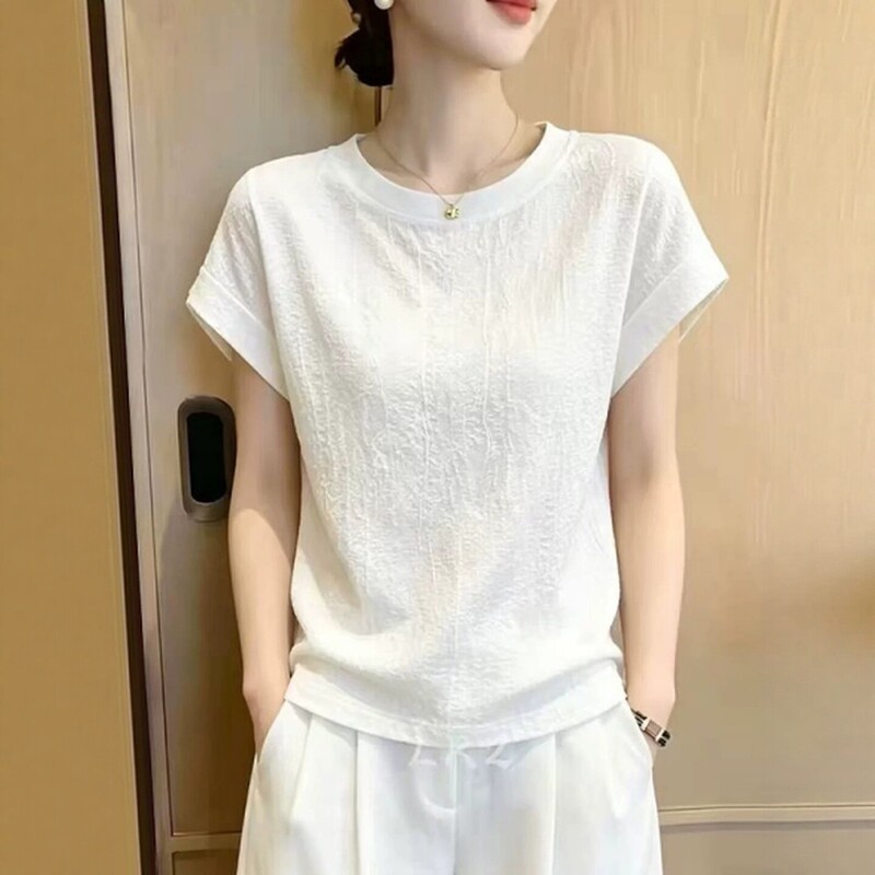 Dzoe French-Style White Textured Short-Sleeve T-Shirt for Women, 2026 Summer New Plus-Size Fashion Loose Top
