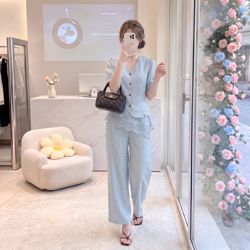 Summer Two-Piece Set for Women: Light Blue High-End Age-Reducing Unique and Stunning Elegant Outfit with Top and Wide-Leg Pants Summer Two-Piece Set for Women: Light Blue High-End Age-Reducing Unique and Stunning Elegant Outfit with Top and Wide-Leg Pants