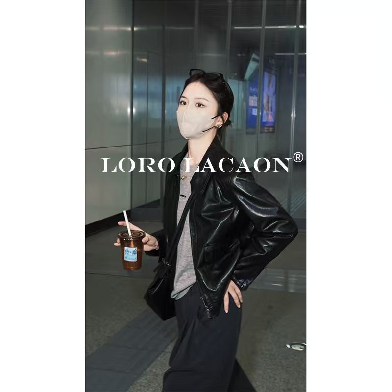 Isaiah Black Pearl Autumn/Winter Vintage Old Money Style Jacket Square Collar Goat Leather Genuine Leather Double Zipper Slimming Leather Jacket