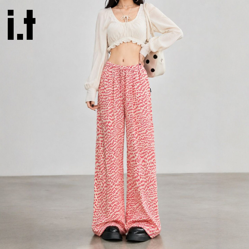 Chocoolate Lazy Style Red Floral Wide-Leg Pants for Women, Autumn 2026 New High-Waisted Slimming Casual Pants