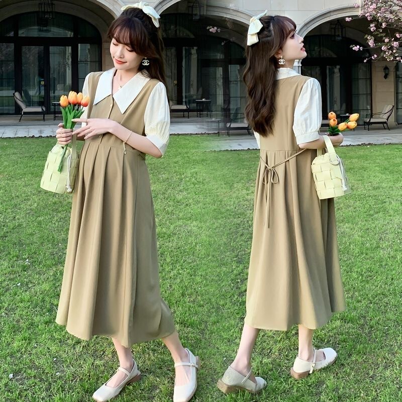 Solid Color French-Style Maternity Summer Dress, New Style, Faux Two-Piece, Elegant Short-Sleeve Dress, Plus-Size, Mid-Length, Belly-Covering Dress for Pregnant Women