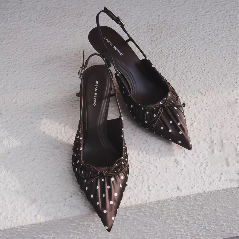 Urban Revivo 2026 Summer New Polka Dot Pleated Bow High-Heeled Pointed Toe Sandals Uaws60002