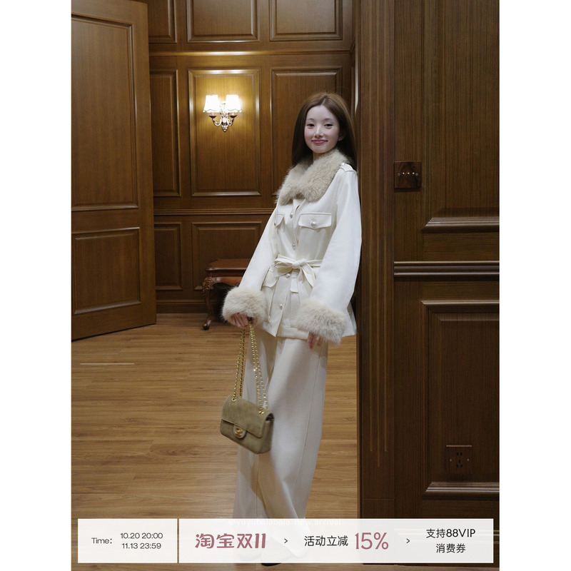 Squid Jelly Pear Soup Yuyu【Twilight Roasted Snow】Sweet Multi-Pocket Furry Long-Sleeve Slim-Fit Short Leather Jacket