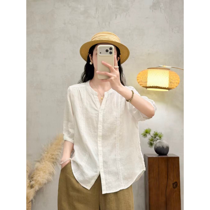 V-Neck Lace Trim Linen Shirt
