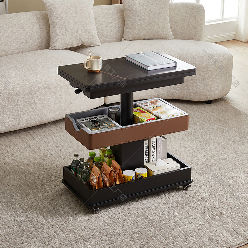No. 1 Furniture Solid Wood Mobile Folding Coffee Table for Small Apartments, Adjustable Height Slate Coffee Table, Home Living Room Trolley Side Table