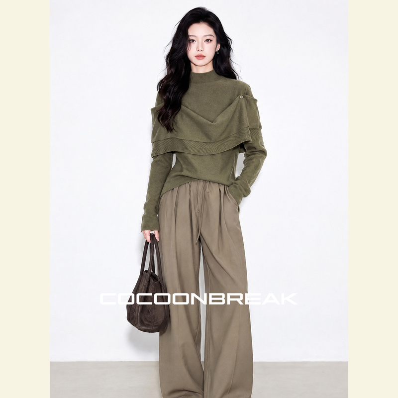 Cocoonbreak Autumn Korean-Style Relaxed Army Green Layered Knit Top Khaki Drawstring Wide-Leg Pants Set for Women Cocoonbreak Autumn Korean-Style Relaxed Army Green Layered Knit Top Khaki Drawstring Wide-Leg Pants Set for Women