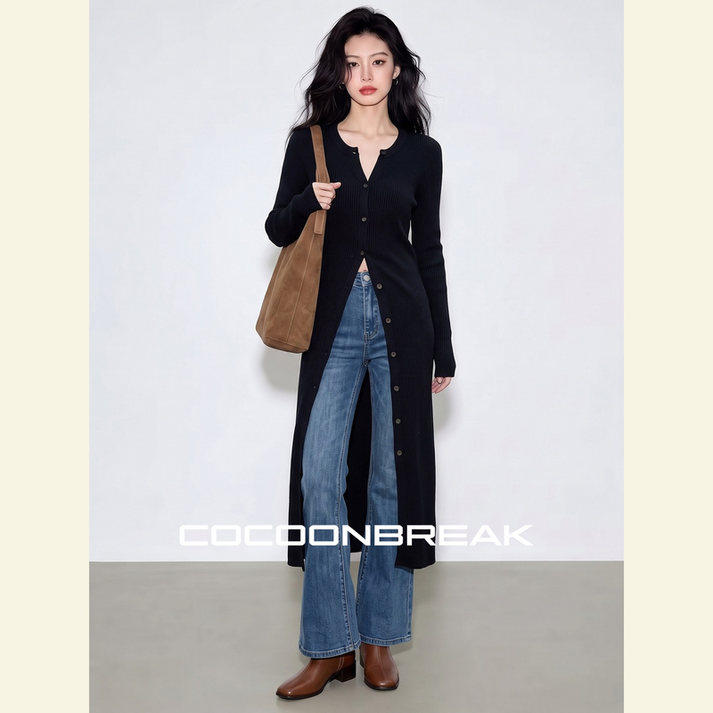 Cocoonbreak Autumn Korean Style Lazy and Relaxed Hakata Style Long Knitted Black Cardigan Sweater Dress