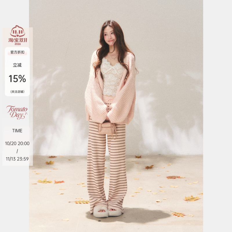 Songdao Winter Korean-Style Loose Knit Jacket Slim Lace Camisole Casual Striped Pants Set Songdao Winter Korean-Style Loose Knit Jacket Slim Lace Camisole Casual Striped Pants Set