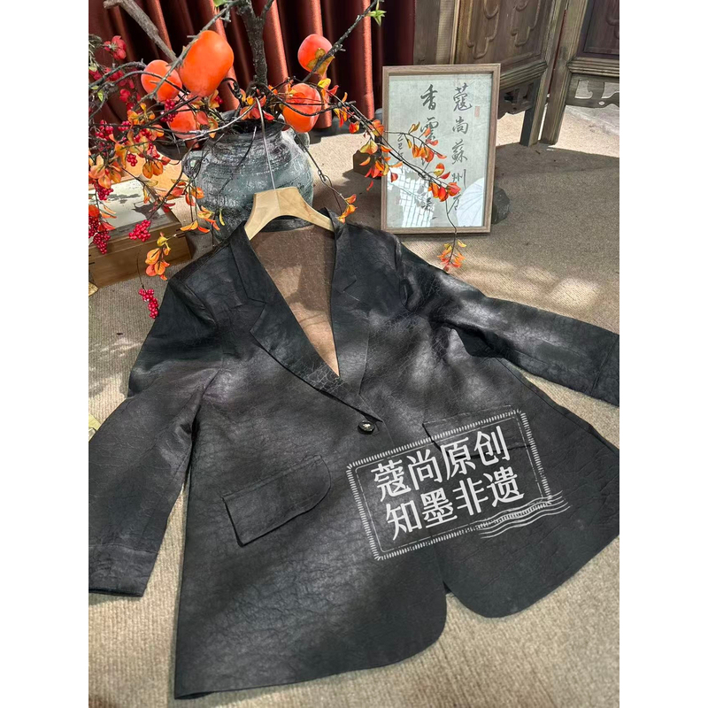 Spring New Style New Chinese-Style Loose-Fitting Slimming Lapel Jacket with Crackle Pattern Vintage Fabric Single-Button Blazer