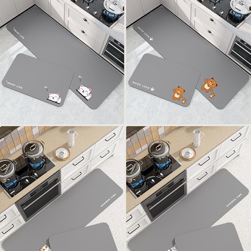 Kitchen floor mats are non-slip and oil-proof, wipeable and wash-free, diatom mud absorbent mats, cartoon waterproof and anti-dirty floor mats, and dirty-resistant carpets.