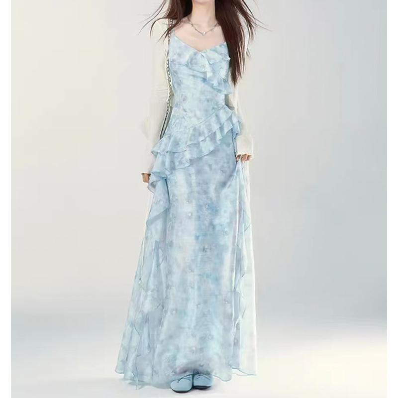 Blue Patchwork Spaghetti Strap Dress for Women, 2026 Summer New Korean Style Trendy Waist-Cinching Slimming Elegant Long Dress Blue Patchwork Spaghetti Strap Dress for Women, 2026 Summer New Korean Style Trendy Waist-Cinching Slimming Elegant Long Dress