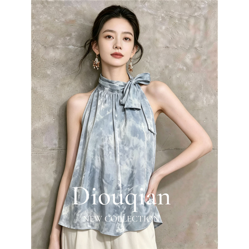 2026 Summer New Style Gray-Blue Tie-Dye Halter Neck Tie-Up Sleeveless Casual Loose Slimming Elegant Women's Stylish Top